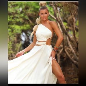 Fashion Designer cut out adjustable long dress with side slit.